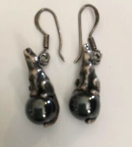 Wolves Baying Earrings, Sterling Silver, Sitting On Hematite Orbs Rare