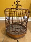 antique bamboo haning bird cage with 2 pottery feeders with steel hook for hangi
