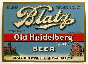 IRTP - Blatz Brewing Co OLD HEIDELBERG CASTLE beer label WI 12oz Copr 1935