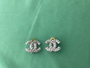 RARE Chanel Double C  Crystals Clip Earrings Authentic