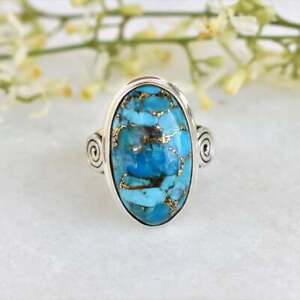 925 Sterling Silver Blue Copper Turquoise Oval Shape Handmade GENUINE Ring