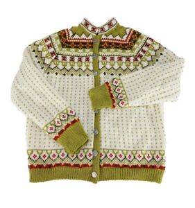 Vintage Viking Knit Cardigan Fair Isle 100% Wool Sweater Womens Medium Green