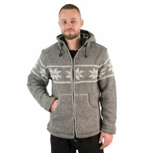 Men's Cardigan Jacket Norwegian Woollen Fleece Lined Hood Removeable Nepal