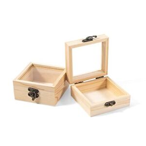 2Pcs Small Wooden Box with Hinged Lid, 3.4'' x 3.4'' x 1.7'' Unfinished Wood ...