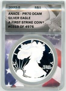 2022-S ASE PR70DCAM ANACS A Frist Strike Coin # of 4976 eagle label w/flag core