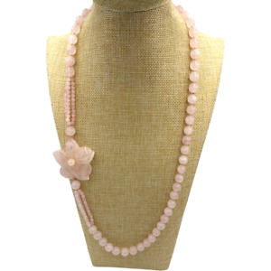Vintage Chinese Hand Carve Pink Rose Quartz Flower Pendant Beaded Necklace 28”