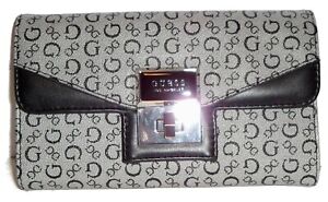 GUESS Moonstone Black Monogram Trifold Clutch Wallet NWT