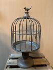 Taupe Metal Birdcage with Pedestal and Bird on Top Distressed w/Blue 18