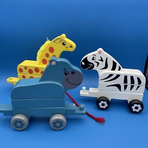 Preschool Toy Solid Wood Animal Train Puzzle Giraffe Zebra Hippo Pull Along Toy