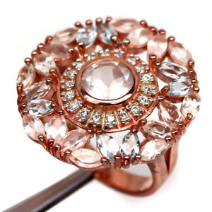 Unheated Rose Quartz, Topaz & Cubic Zirconia Ring 925 Sterling Silver Size 6.75