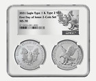 2021 Type 1 and Type 2 Silver Eagle 2-Coin Set NGC MS70 FDI T1 &T2 Label