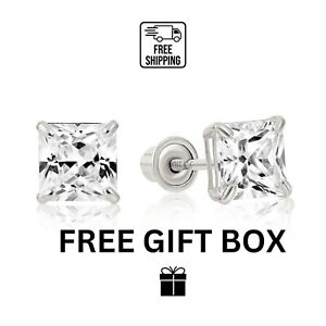 14k White Gold Square Princess Cut CZ Stud Earrings with screw back 3-7mm