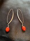 Vtg Estate Silver Dangle Earrings with Red Coral for Pierced Ears