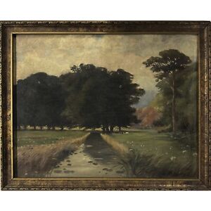 Antique Continental Landscape w/ Stream & Trees, Signed (Oil On Board)