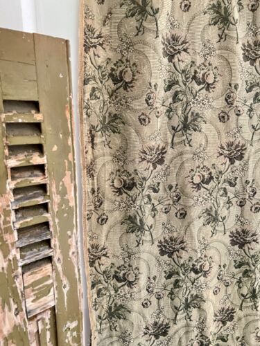 Antique French long woven DAMASK cotton FLORAL GREY green CURTAIN c1910