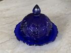 New ListingMosser Inverted Thistle Cobalt Blue Glass Covered Butter Cheese Dish Vintage