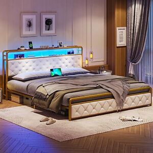 King Size LED Bed Frame with Storage Headboard Upholstered Platform White & Gold