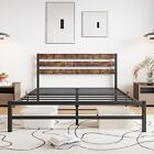 New ListingQueen Size Bed Frame with Vintage Wood Headboard, Metal Slats Support