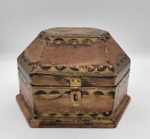 Vintage Hexagonal Wood Box Chest Lidded with Brass Detailing.