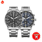 Stainless Steel Men's Watch Aviator Eco-Drive Chronograph Black Dial Business