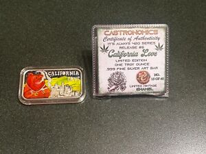 Califonia Love , Weed 420 Bear 1 oz. Silver  Bar Enameled By Castronomics