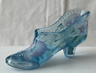 **GLASS SHOE FIGURINE** FENTON IN CYAN WITH RAISED & PAINTED FLORAL DESIGNS