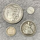 Old U.S. coins lot of 4 from 1800'S, 90% Silver 1888 Morgan dollar & More.