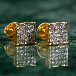 Small Authentic Real 10K Yellow Gold 0.20Ct Natural Diamond Square Earrings
