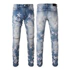 Men's Stars Plaid Patches Ripped Light Washed Skinny Fit Stretch Denim Jeans