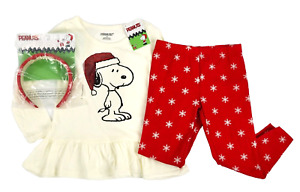 Peanuts Toddler Girls Holiday Outfit Size 4T Snoopy Christmas Cream Red 3pc