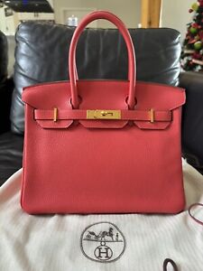 Hermes Birkin 30 Rouge Pivone Clemence with Gold Hardware