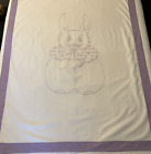 Linen Easter Table Cloth Embroidered Bunny Rabbit Spring Purple Cottage 52x35in
