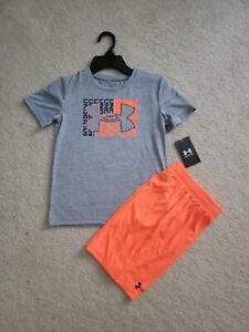 NWT Under Armour Boys Summer Outfit 2 Piece Shorts Set Gray/ Orange,Size 4