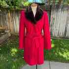 Vintage Sisley Italy Red Wool Black Faux Fur Collar Long Trench Coat Women 40 EU
