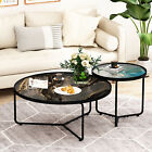 Set of 2 Nesting Coffee Table Round End Side Table for Living Room Black＆Blue
