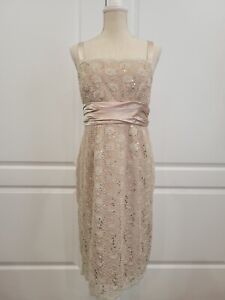 R&M Richards Lace Dress Size 8 Ruched Satin Waistband Sequins Knee Length Lined
