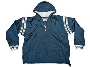 VTG Champion Pullover Windbreaker Jacket Mens Size L Blue White Stripe 1/4 Zip