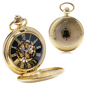 Mens Mechanical Pocket Watch Vintage with Fob Chain Gold Case Hand Winding Watch
