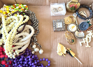 Vintage Junk Drawer Lot Jewelry Beads Necklace Pins Spoon Bell