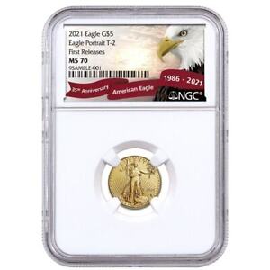 2021 1/10 oz Gold American Eagle Type 2 $5 NGC MS70 FR Exclusive Eagle Red Ba...