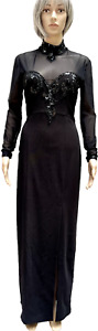 SCALA Black Sequined Beaded Sheer Long Sleeve Open Back Maxi Formal  Dress Sz 10