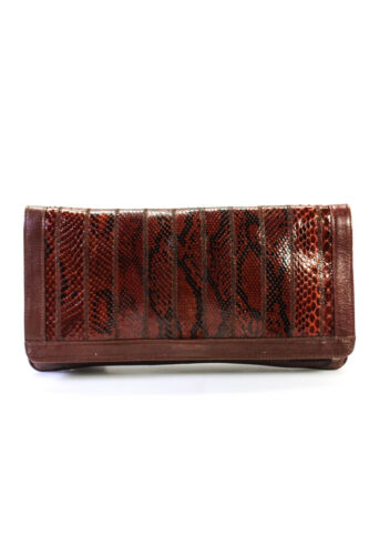 Designer Leather Snakeskin Printed Clutch Handbag Red Brown