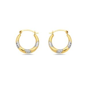 10K Gold Two Tone Lined Diamond Cut French Lock Hoop Earrings