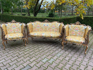 Elegant French Louis XVI 3-Piece Sofa Set - Gold Damask Upholstery