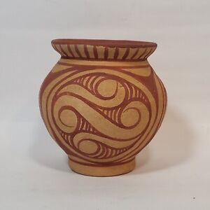 Swirly Terracotta Vase Pot Handpainted Red Unsigned Native Incense Pencil Aztec