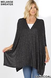 Zenana Outfitters Women's Pancho Sweater Oversized V-Neck Charcoal Gray Color 2X