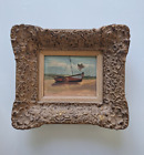 Painting antique oil on canvas landscape nautical seascape boat,Framed miniature