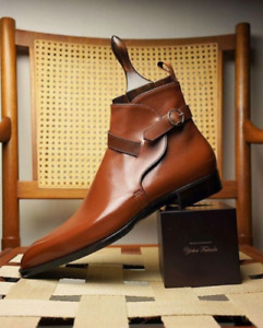 New Handmade Men's Jodhpurs Tan Cowhide Leather Ankle High Dress Formal Boots