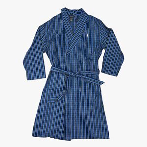 Polo Ralph Lauren Robe Mens L/XL Blue Plaid Woven Cotton Tie Waist Shawl Collar