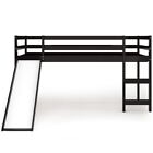 Twin Size Children Loft Bed Frame Wooden Heavy Duty Bedroom Ladder w/Slide Wood